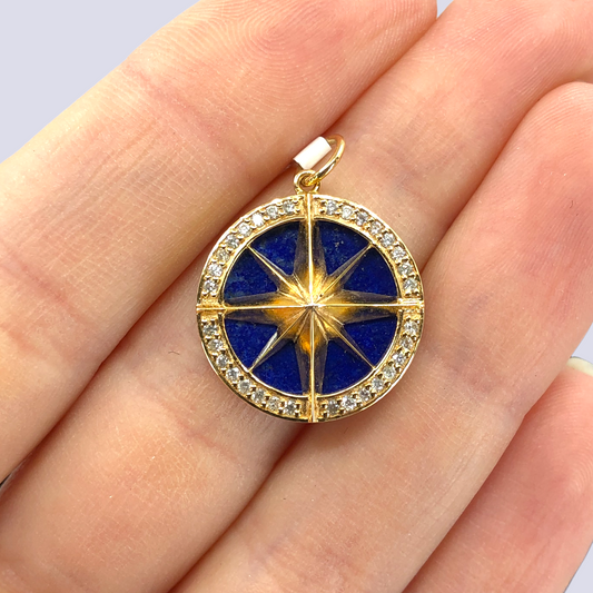 14K Yellow Gold Compass Rose Pendant Inlaid With Natural Diamonds And Lapis Lazuli