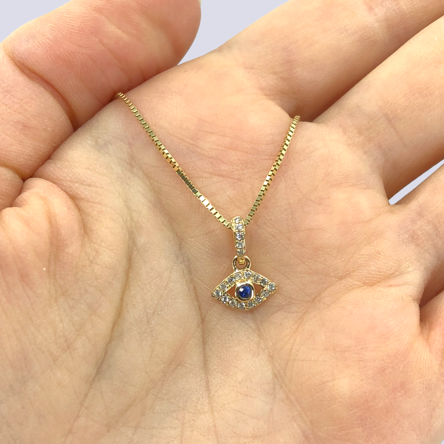 14K Yellow Gold Evil Eye Pendant Inlaid With Blue Sapphire And Diamonds