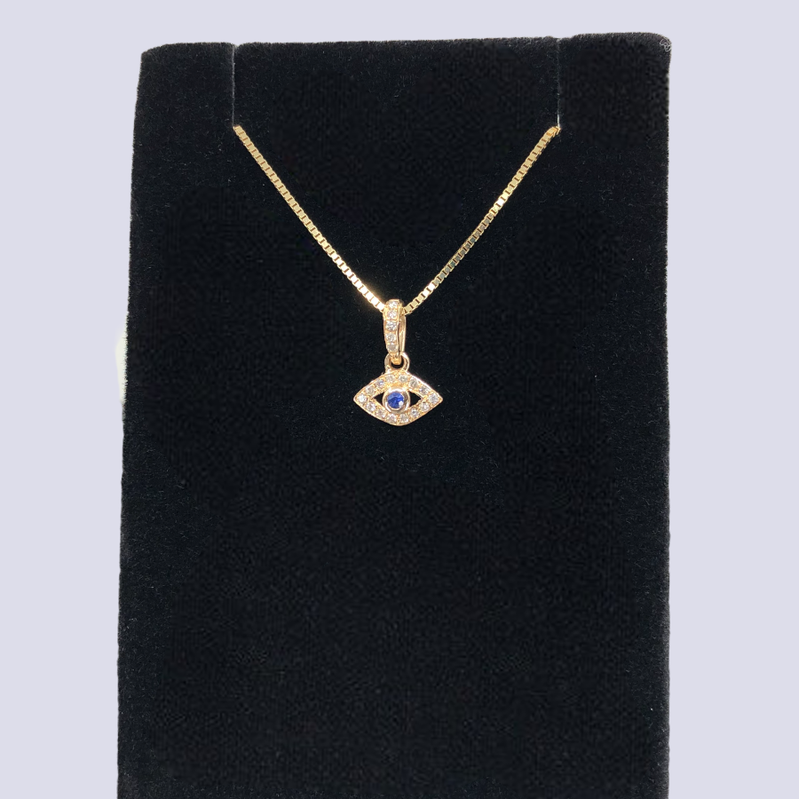 14K Yellow Gold Evil Eye Pendant Inlaid With Blue Sapphire And Diamonds