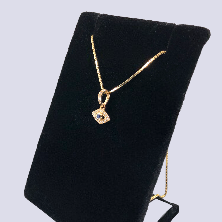 14K Yellow Gold Evil Eye Pendant Inlaid With Blue Sapphire And Diamonds
