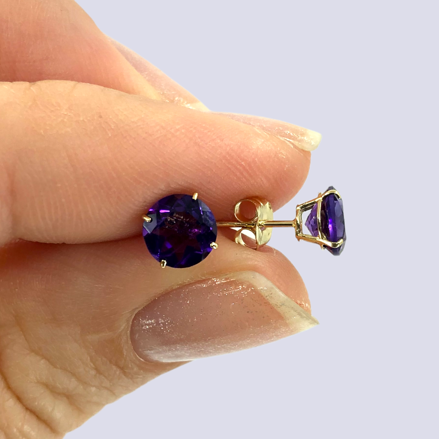 14k Yellow Gold Genuine Amethyst & Diamond shops Stud Earrings