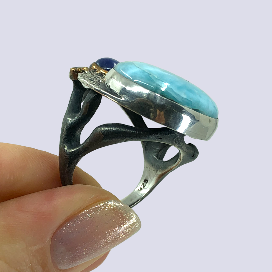 925 Oxidized Silver Ring With Larimar And Sapphires, Size 8.5