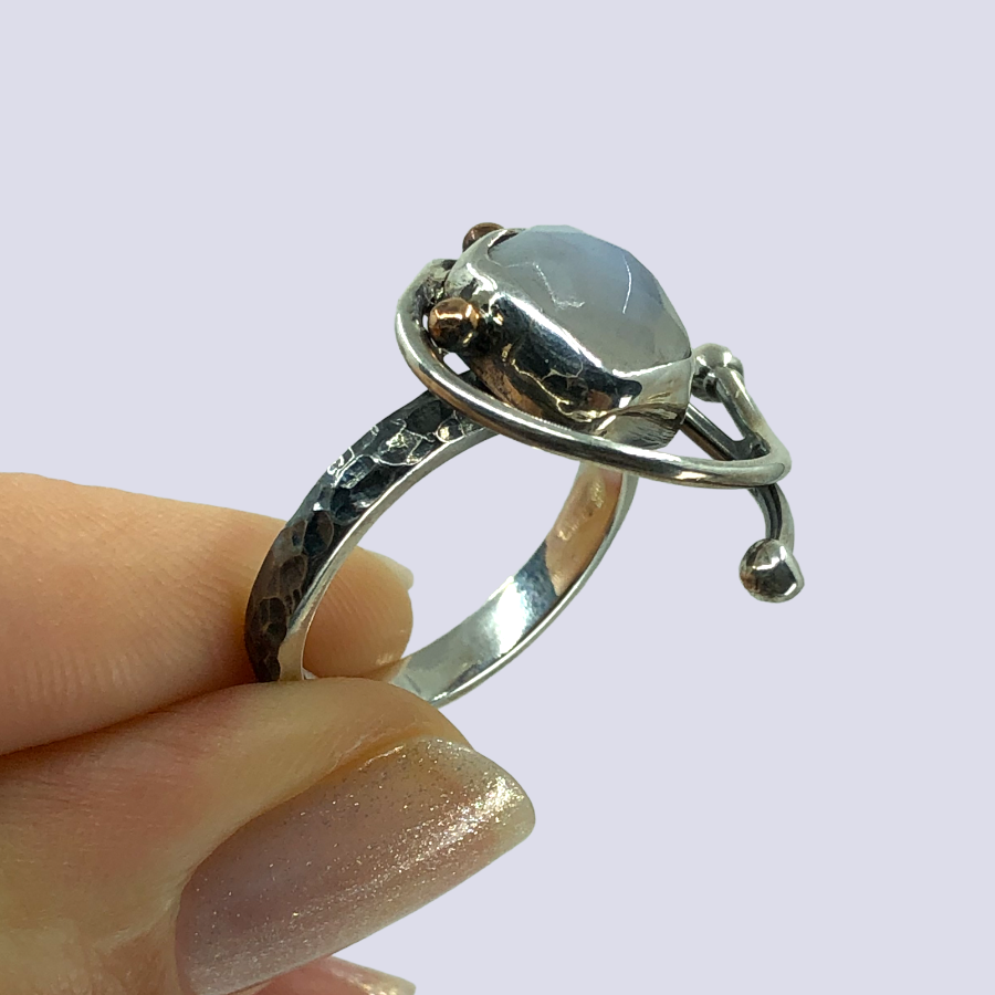 925 Oxidized Silver Ring With Rainbow Moonstone, Size 7