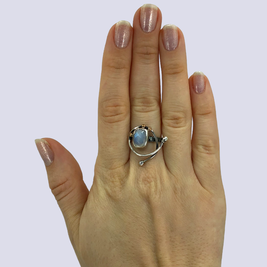 925 Oxidized Silver Ring With Rainbow Moonstone, Size 7