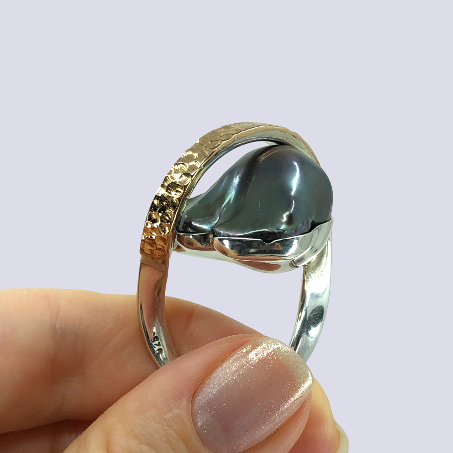925 Sterling Silver Ring With Tahitian Baroque Pearl, Size 9