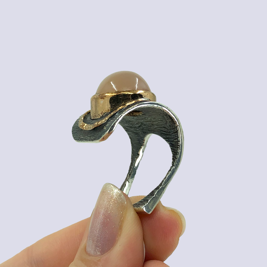 925 Oxidized Silver Ring With Pink Moonstone, Size 7