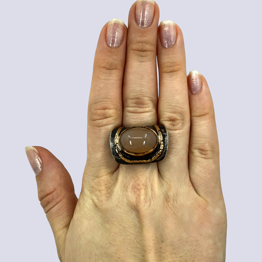 925 Oxidized Silver Ring With Pink Moonstone, Size 7