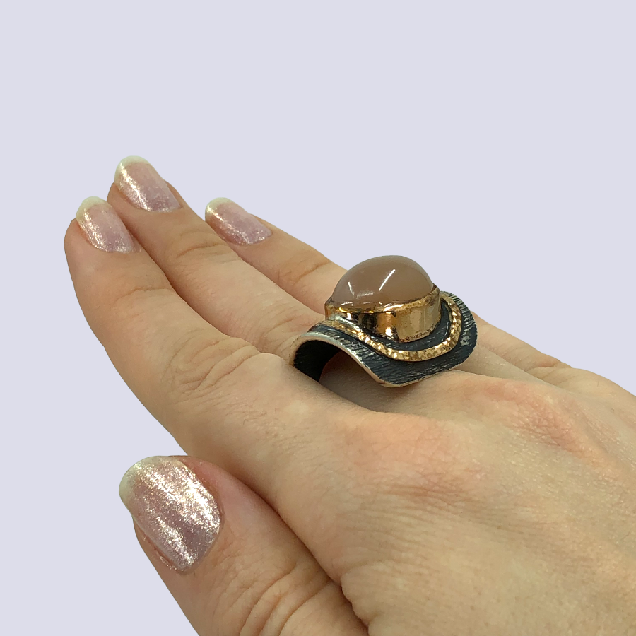925 Oxidized Silver Ring With Pink Moonstone, Size 7