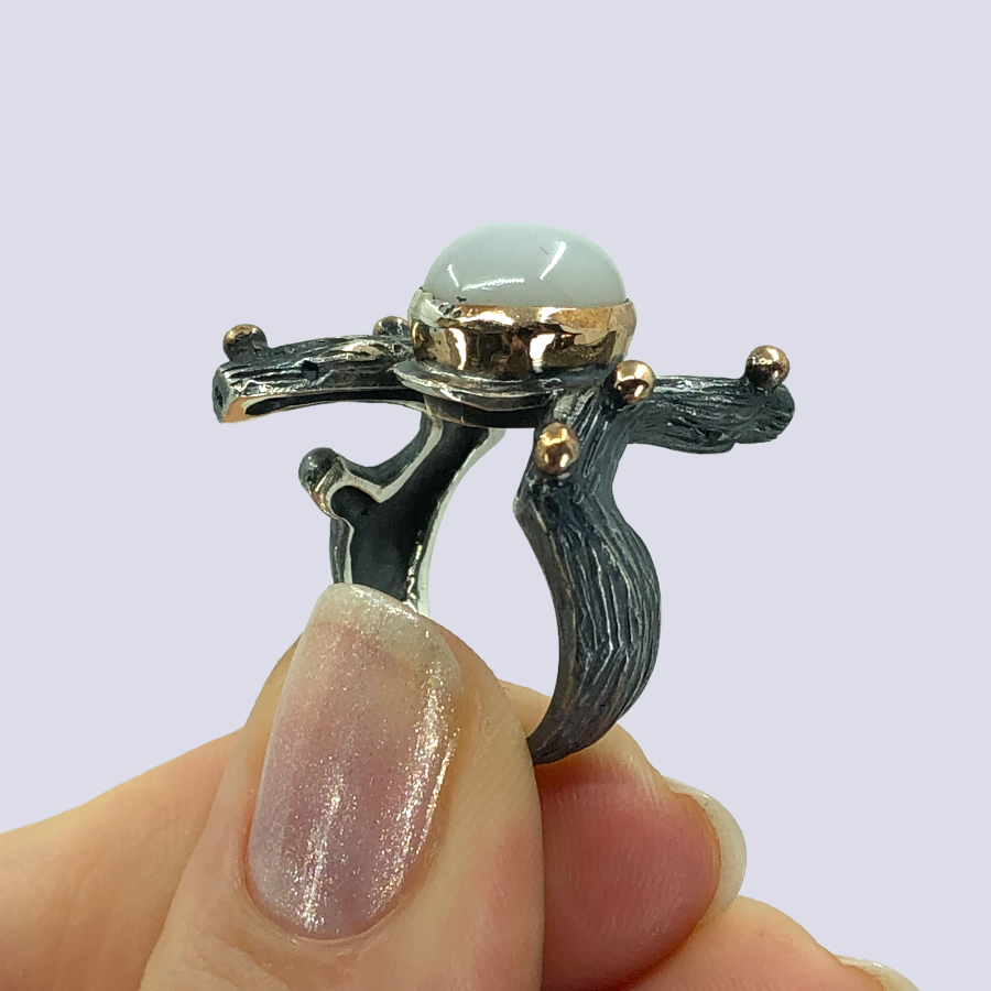 925 Oxidized Silver Ring With White Moonstone, Size 6.5