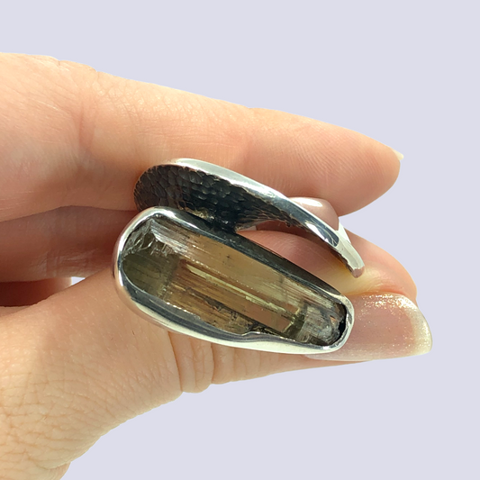 925 Oxidized Silver Ring With Uncut Diaspore Stone, Size 10