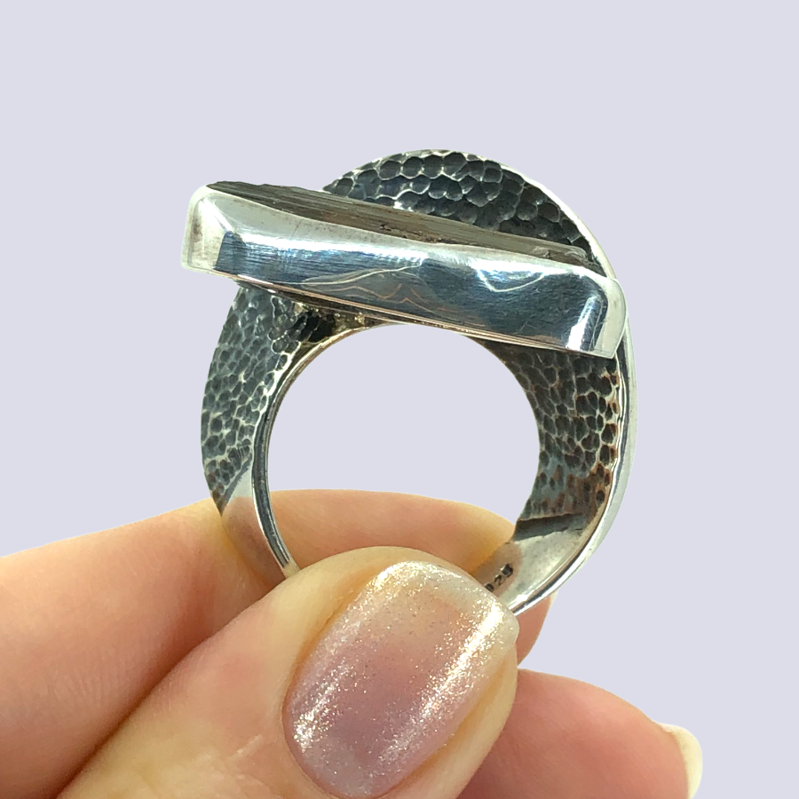 925 Oxidized Silver Ring With Uncut Diaspore Stone, Size 10