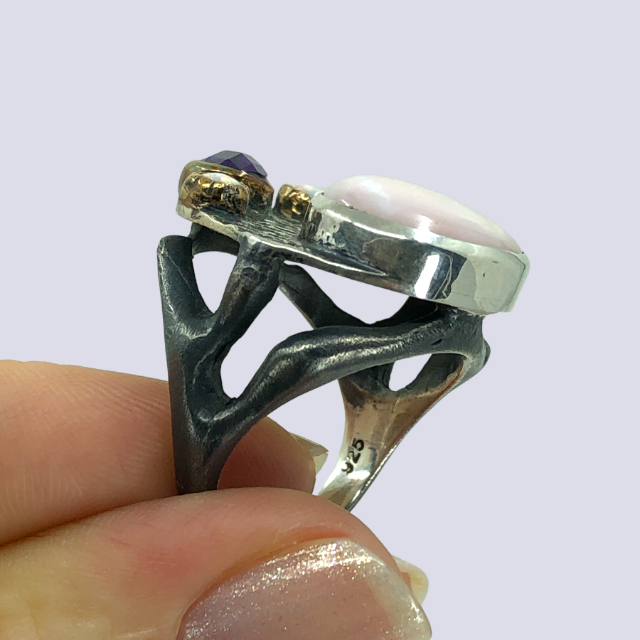 925 Oxidized Silver Ring With Pink And White Opal And Amethyst, Size 8