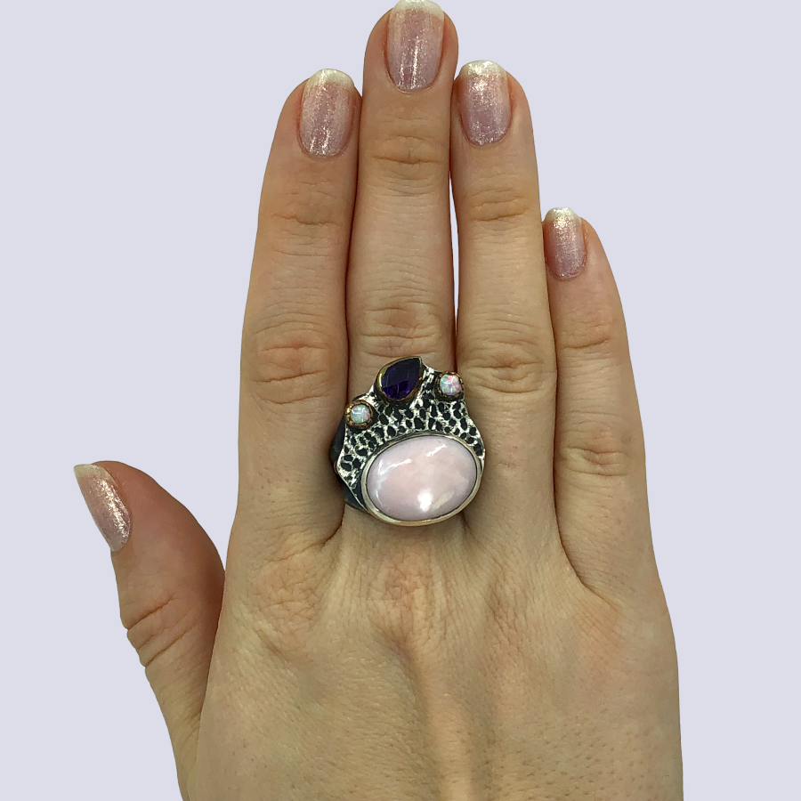 925 Oxidized Silver Ring With Pink And White Opal And Amethyst, Size 8