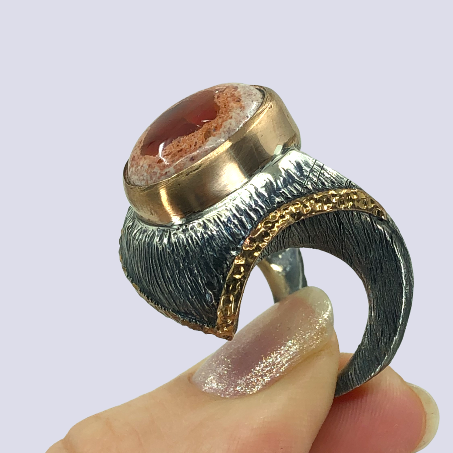 925 Oxidized Silver Ring With Mexican Fire Opal, Size 7.5