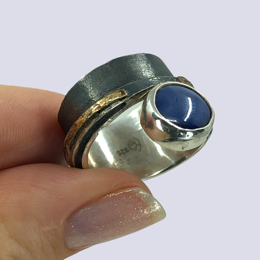925 Oxidized Silver Ring With Blue Star Sapphire, Size 7.5