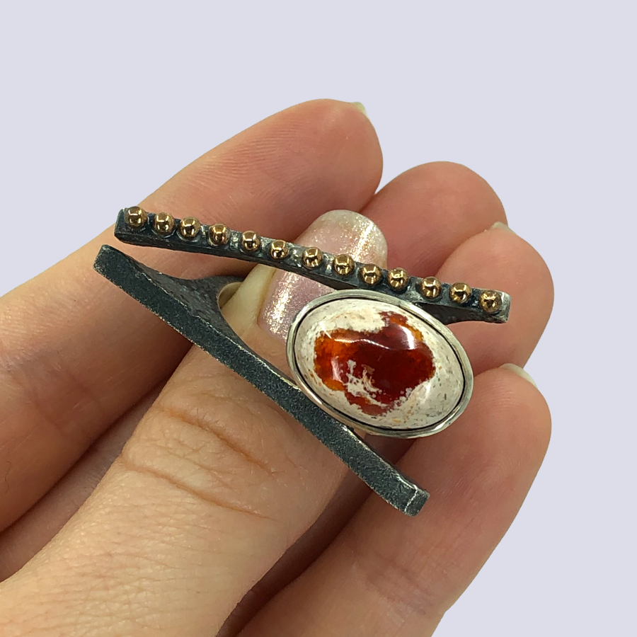 925 Oxidized Silver Ring With Mexican Fire Opal, Size 7,75
