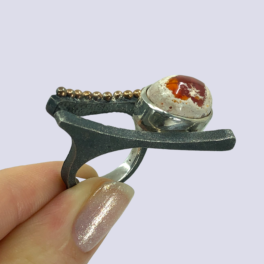 925 Oxidized Silver Ring With Mexican Fire Opal, Size 7,75