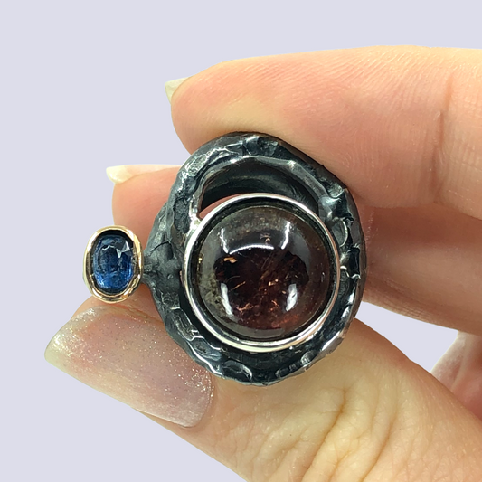 925 Oxidized Silver Ring With Tourmaline And Kyanite, Size 7.5
