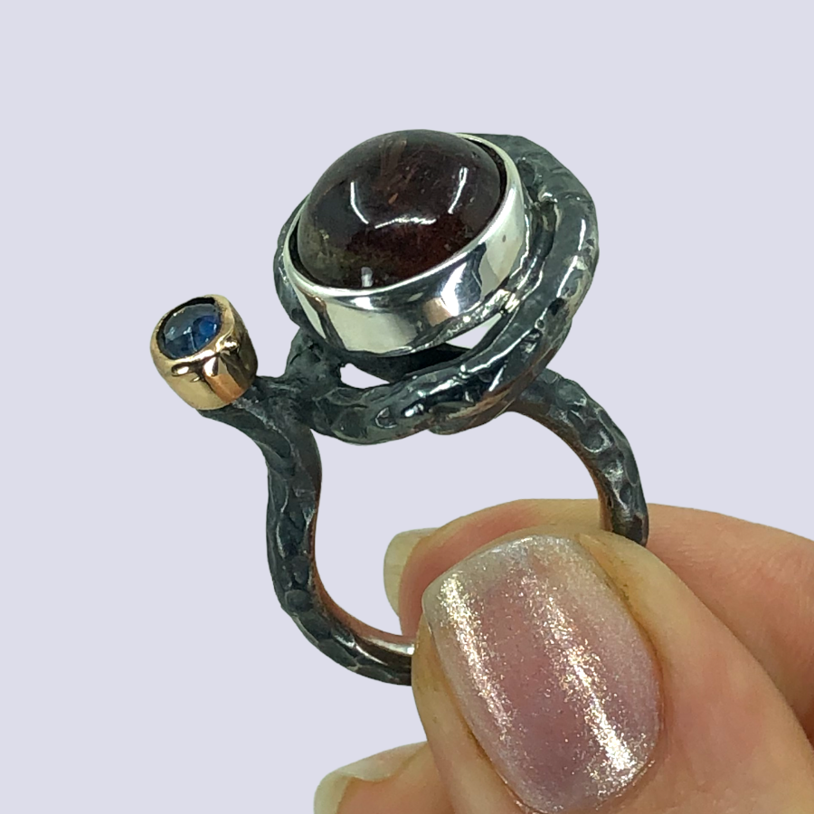 925 Oxidized Silver Ring With Tourmaline And Kyanite, Size 7.5