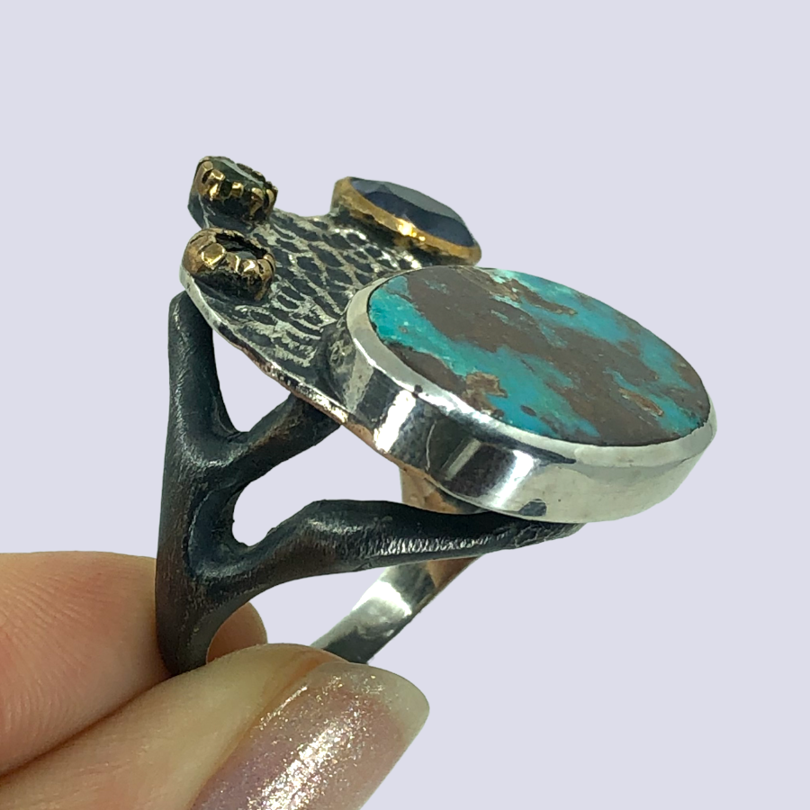 925 Oxidized Silver Ring With Turquoise And Other Gems, Size 8