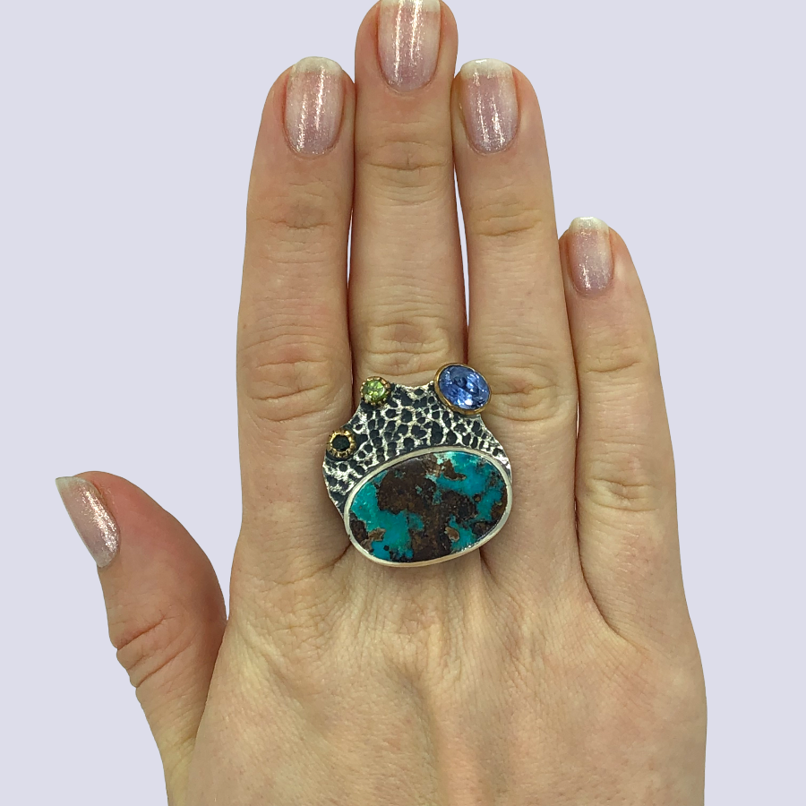925 Oxidized Silver Ring With Turquoise And Other Gems, Size 8