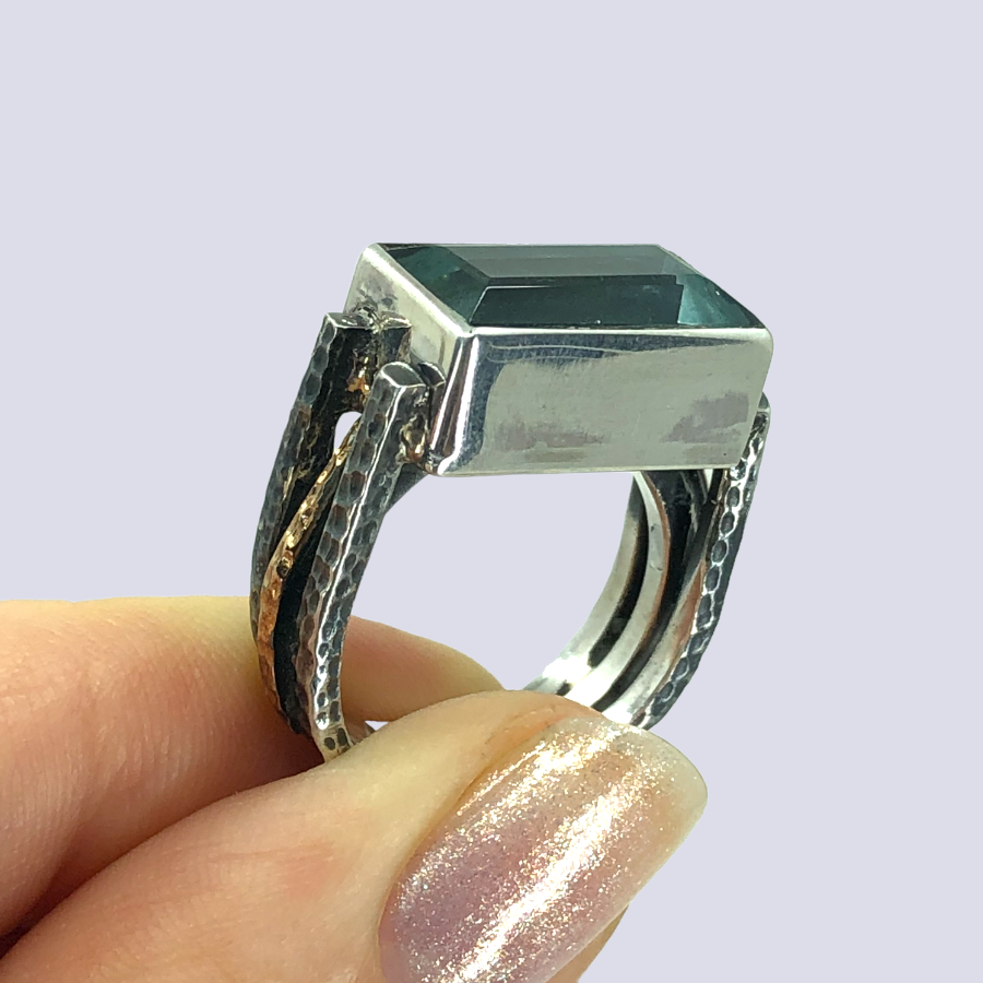 925 Oxidized Silver Ring With Green Amethyst, Size 7