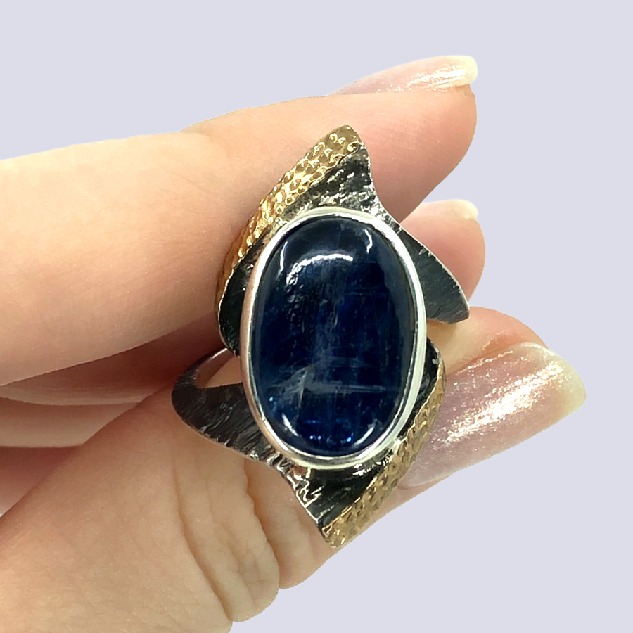 Oxidized 925 Sterling Silver Ring With Kyanite Cabochon, Size 9
