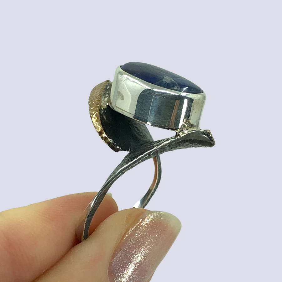 Oxidized 925 Sterling Silver Ring With Kyanite Cabochon, Size 9