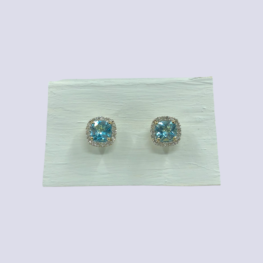 10K Yellow Gold Stud Earrings Inlaid With Blue Topaz And Diamond Halo