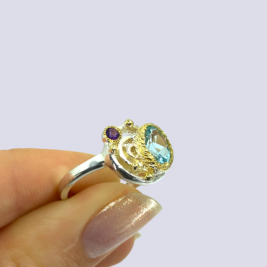 Sterling Silver Ring Inlaid With Blue Topaz And Amethyst, Size 6