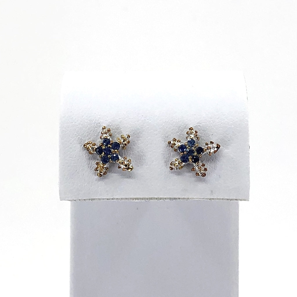 Starfish-Shaped Push-Back Stud Earrings, Sterling Silver and Blue Sapphire