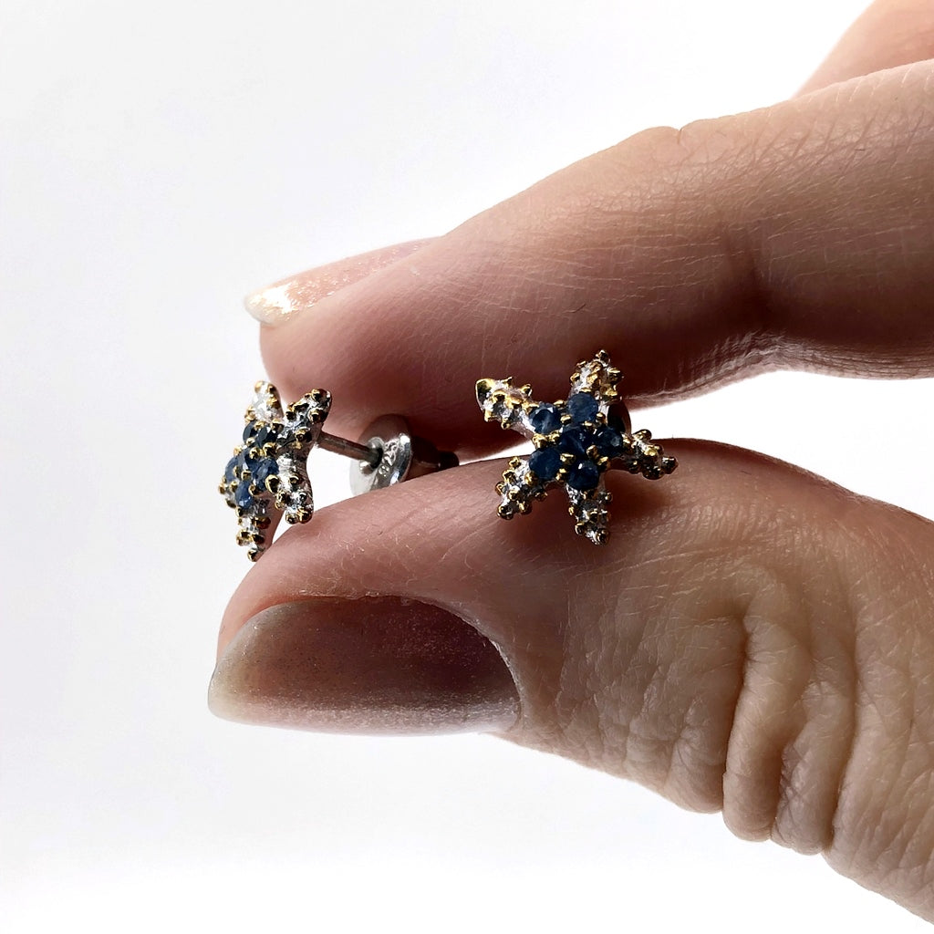 Starfish-Shaped Push-Back Stud Earrings, Sterling Silver and Blue Sapphire