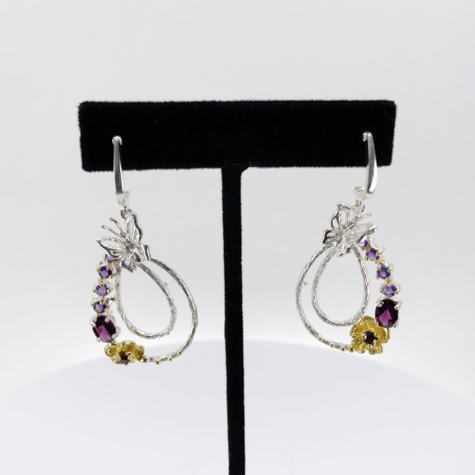 sterling silver dangle earrings with amethysts and rhodolite