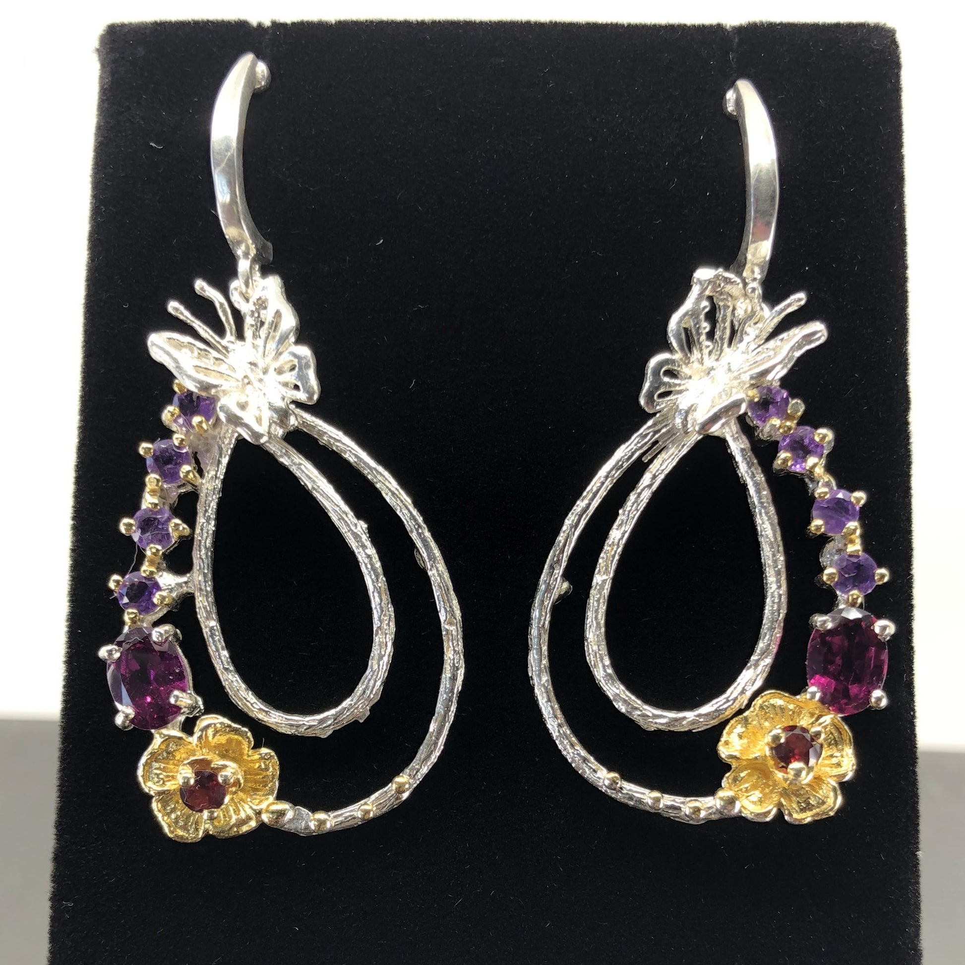 sterling silver dangle earrings with amethysts and rhodolite