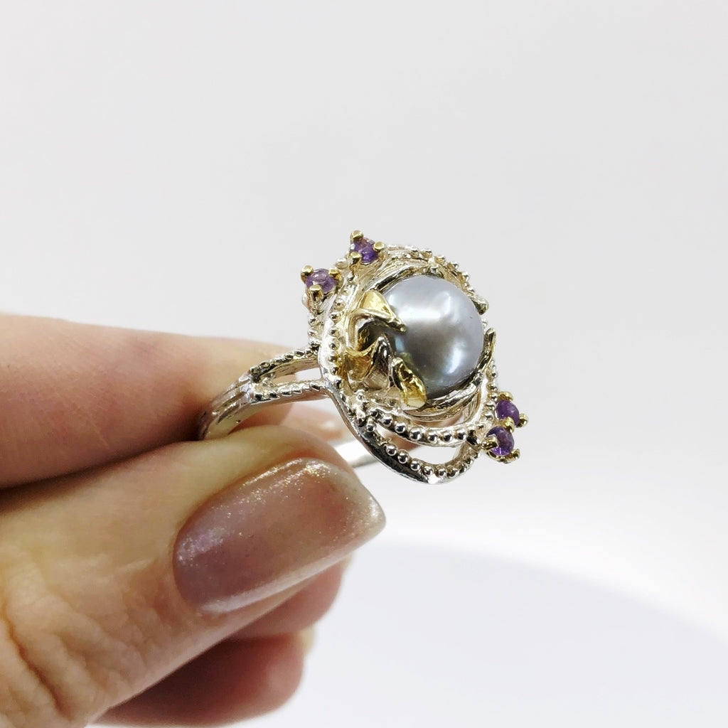 Pearl and Amethyst Sterling Silver Ring, Size 9