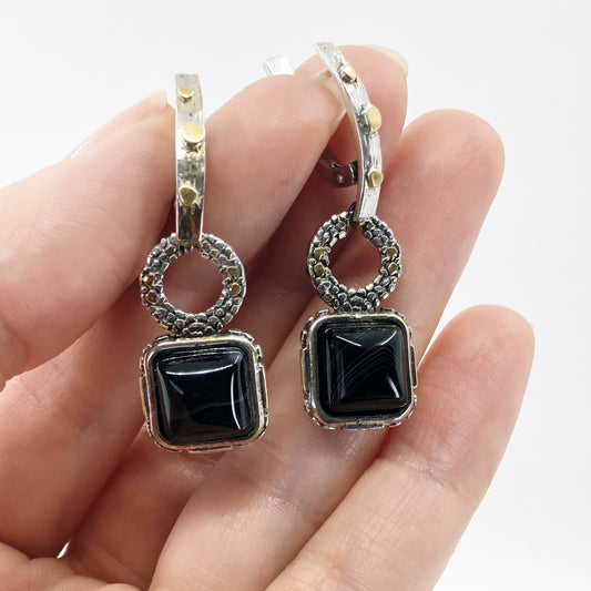 Black Laced Agate Square Cabochon Dangle Earrings