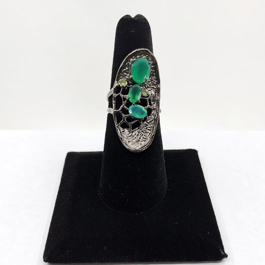 Green Onyx and Peridot Oxidized Silver Ring