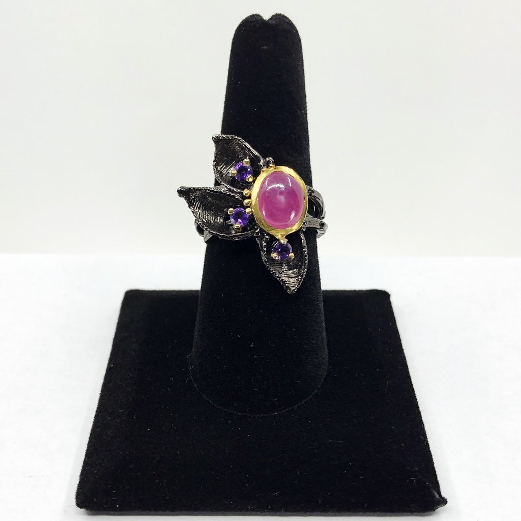 Ruby and Amethyst Oxidized Silver Ring, Size 8.5