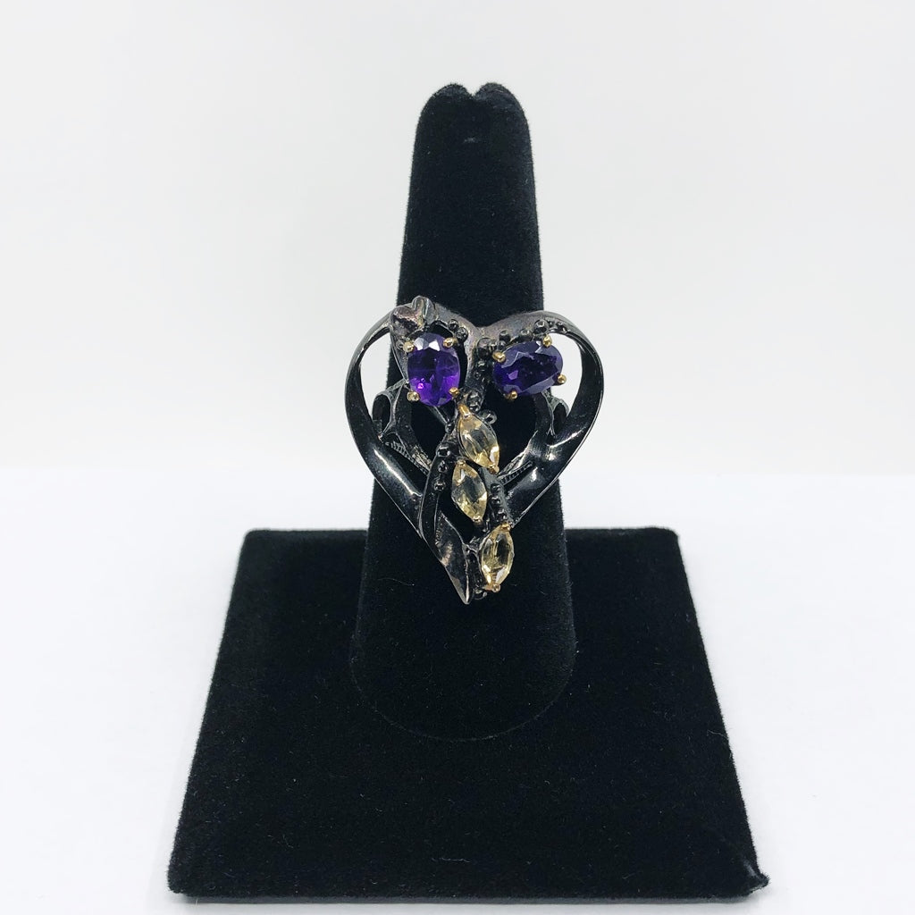 Heart-Shaped Oxidized Silver Ring With Amethyst and Citrine