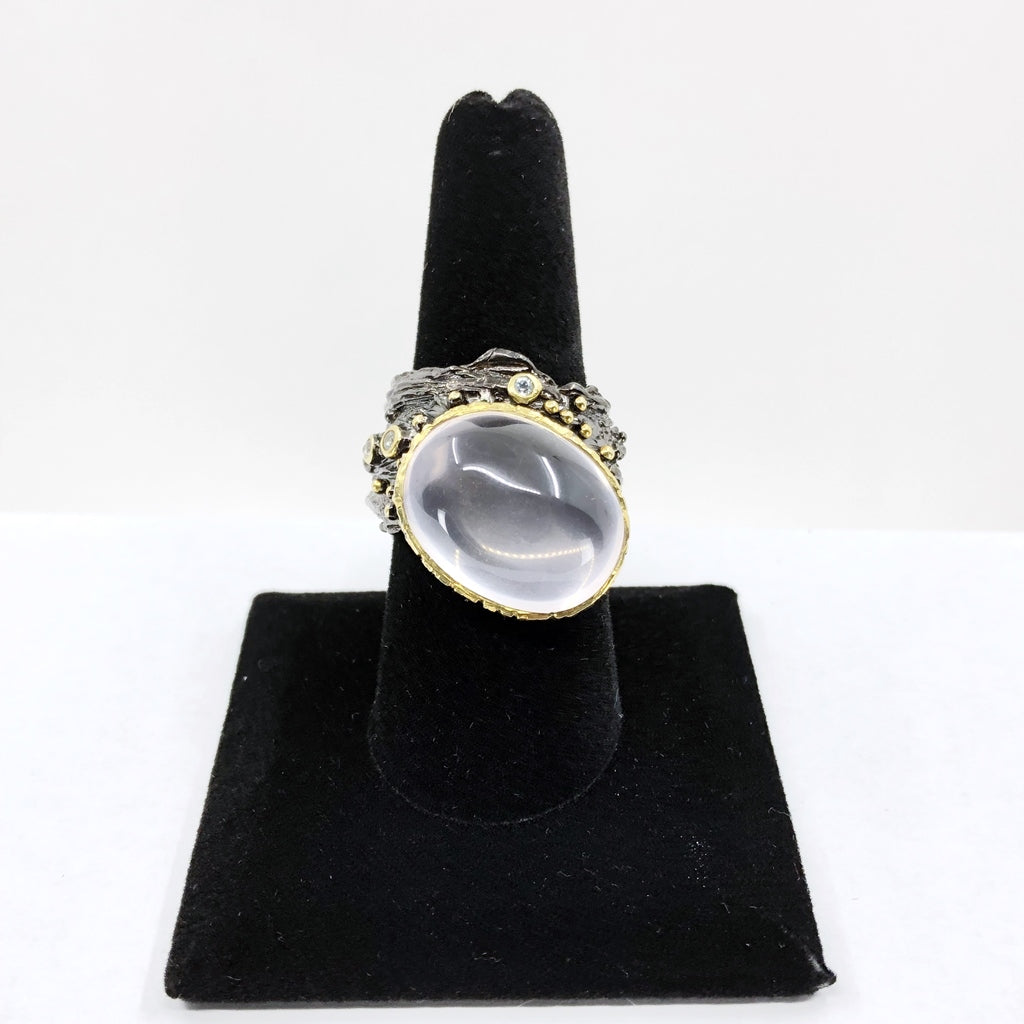 Rose Quartz and Topaz Oxidized Silver Ring, Size 9