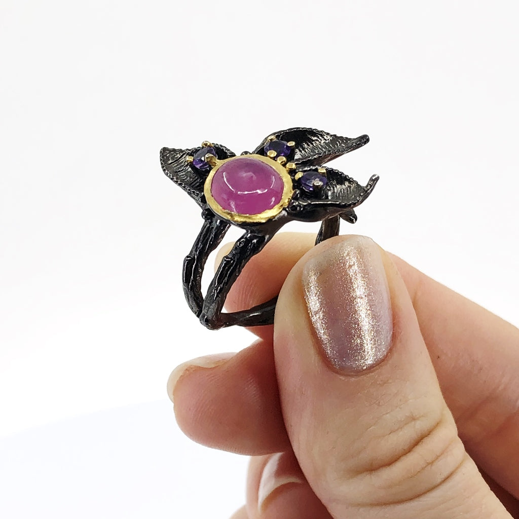 Ruby and Amethyst Oxidized Silver Ring, Size 8.5