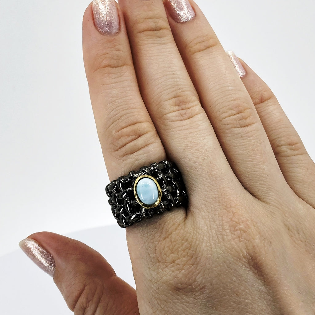 Oxidized Silver Ring With Larimar, Size 8.5