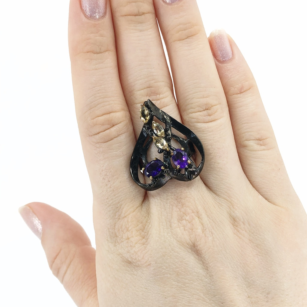 Heart-Shaped Oxidized Silver Ring With Amethyst and Citrine