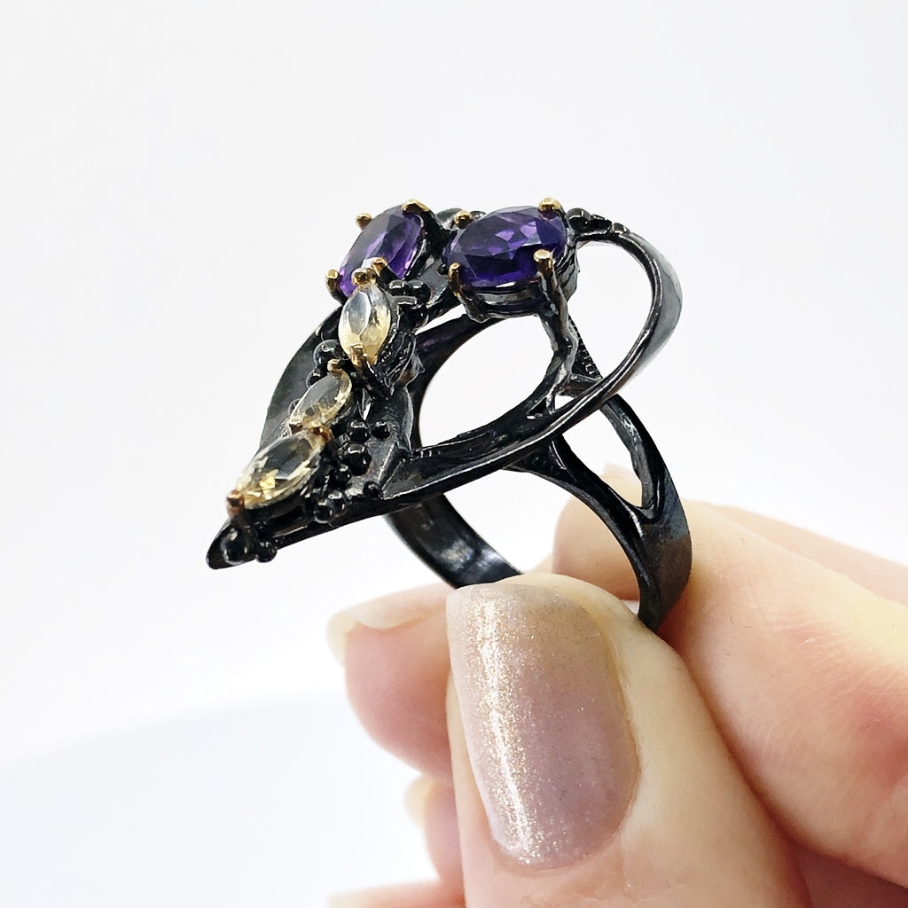 Heart-Shaped Oxidized Silver Ring With Amethyst and Citrine