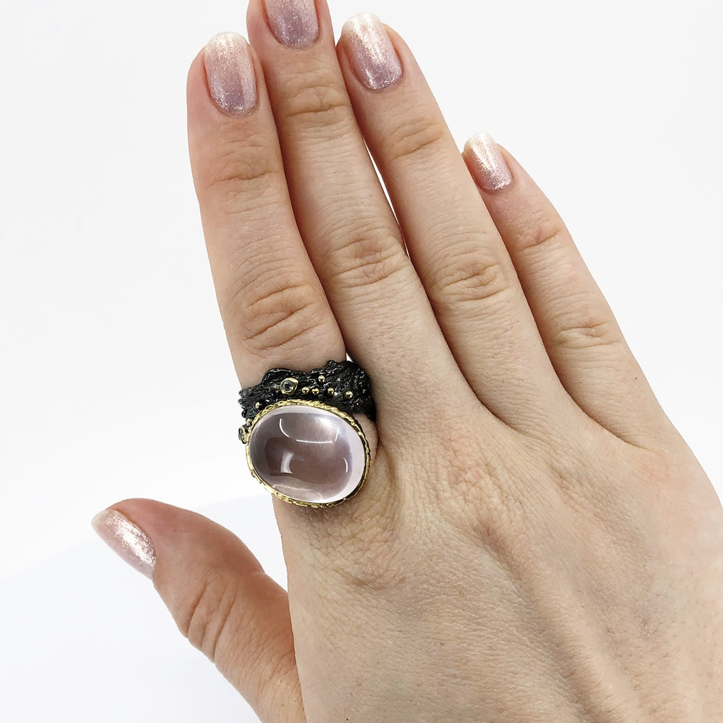 Rose Quartz and Topaz Oxidized Silver Ring, Size 9