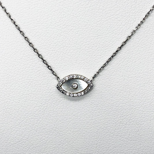 Evil Eye Necklace, Sterling Silver With Mother Of Pearl And Micropave CZ 