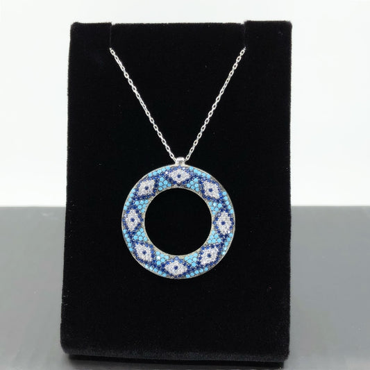 Evil Eye Mosaic Style Sterling Silver Necklace