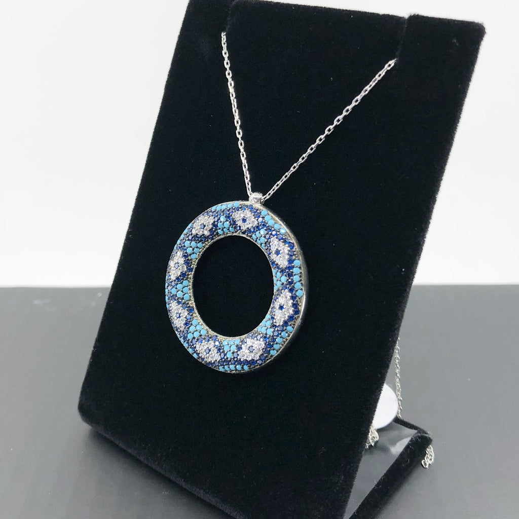 Evil Eye Mosaic Style Sterling Silver Necklace