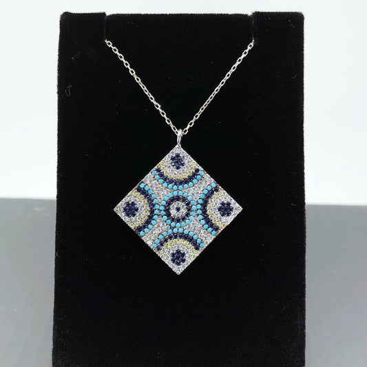 Evil Eye Tile Necklace, Sterling Silver With Turquoise And CZ