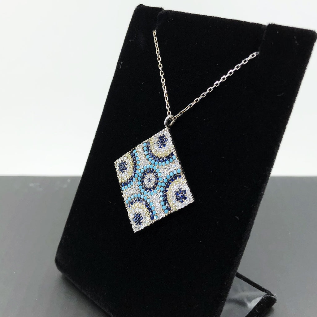 Evil Eye Tile Necklace, Sterling Silver With Turquoise And CZ